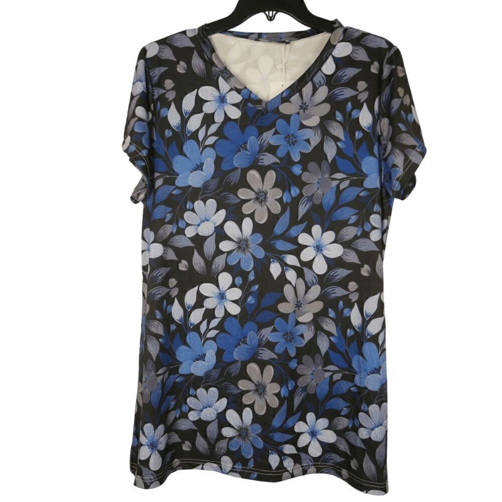 Bon Apple Tea Women's Blue Floral V-neck Short Sleeve T-shirt 1X